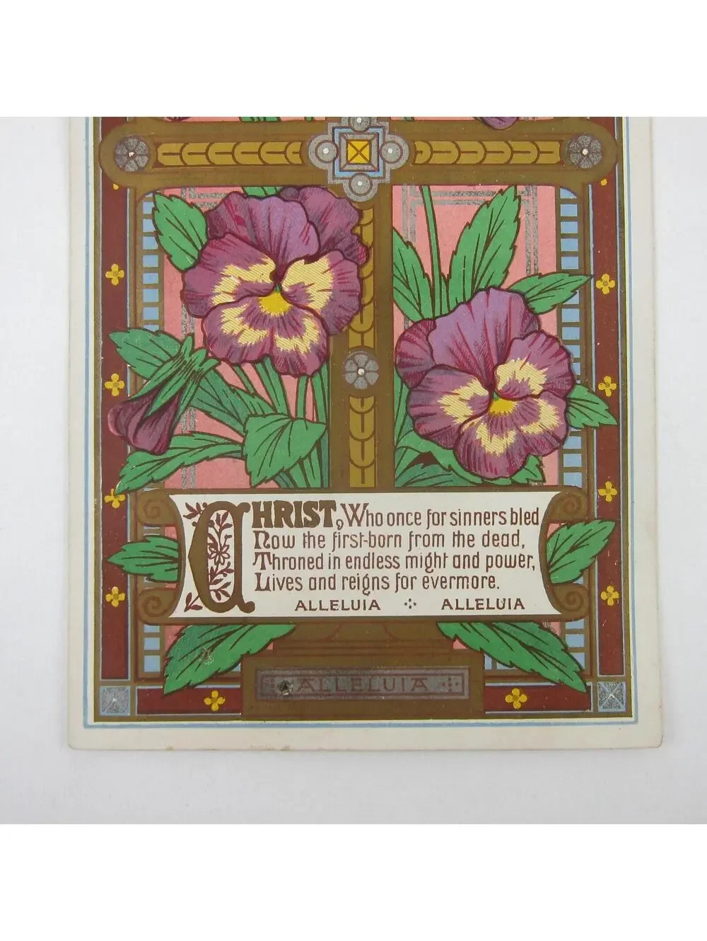 Victorian Greeting Card Easter Purple & Yellow Pansy Flowers Gold Cross Antique